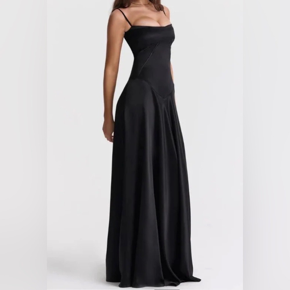Commense Lace Up Back Satin Maxi Dress  Black  Extra Small  New With Tags